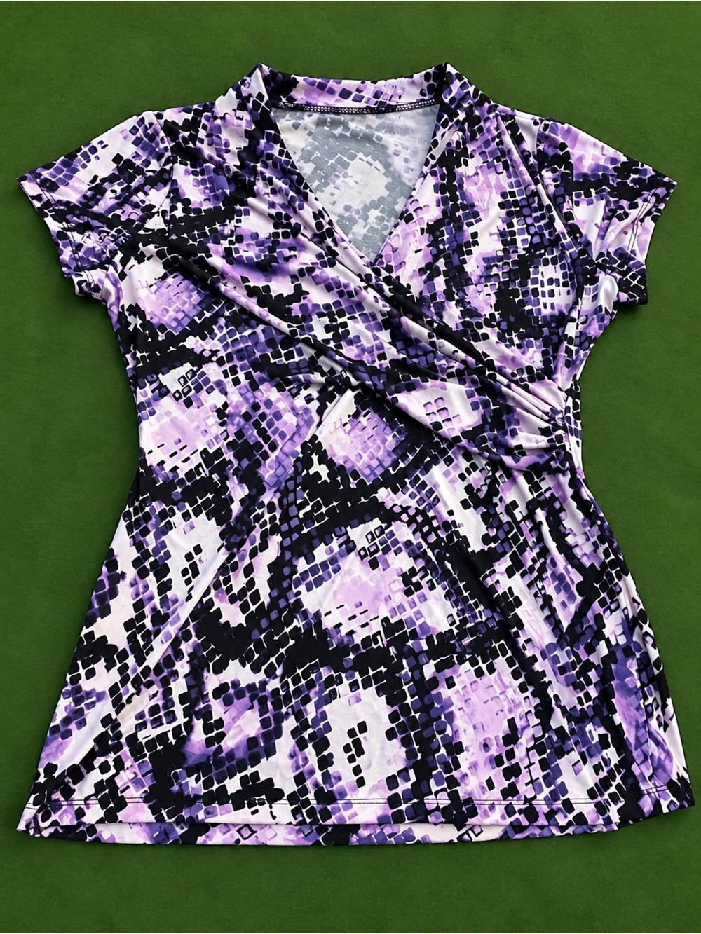 DKNY Purple and Black Printed Wrap-Style Short Sleeve Top